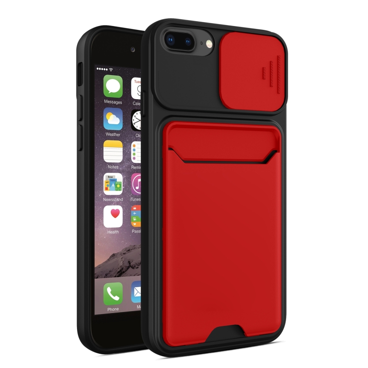 

Sliding Camera Cover Design TPU + PC Shockproof Phone Case with Card Slot For iPhone 8 Plus / 7 Plus(Red)