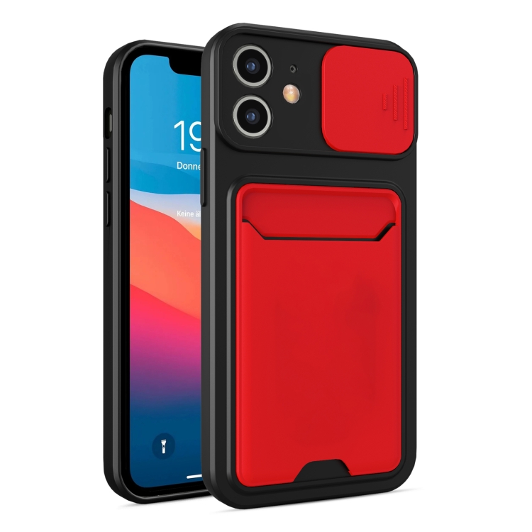 

Sliding Camera Cover Design TPU + PC Shockproof Phone Case with Card Slot For iPhone 12 mini(Red)