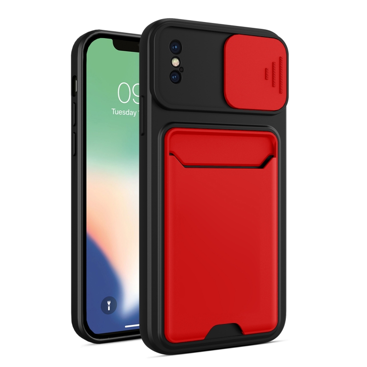 

Sliding Camera Cover Design TPU + PC Shockproof Phone Case with Card Slot For iPhone X / XS(Red)