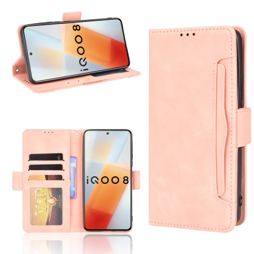 

For vivo iQOO 8 Skin Feel Calf Pattern Horizontal Flip Leather Phone Case with Holder & Card Slots & Photo Frame(Pink)