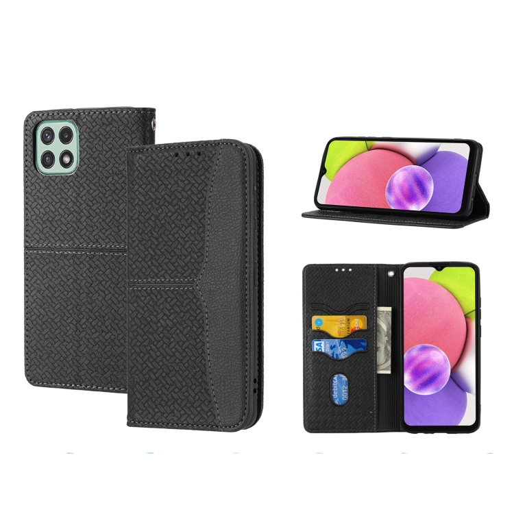 

For Samsung Galaxy A03 International Version Woven Texture Stitching Magnetic Horizontal Flip PU Leather Phone Case(Black)