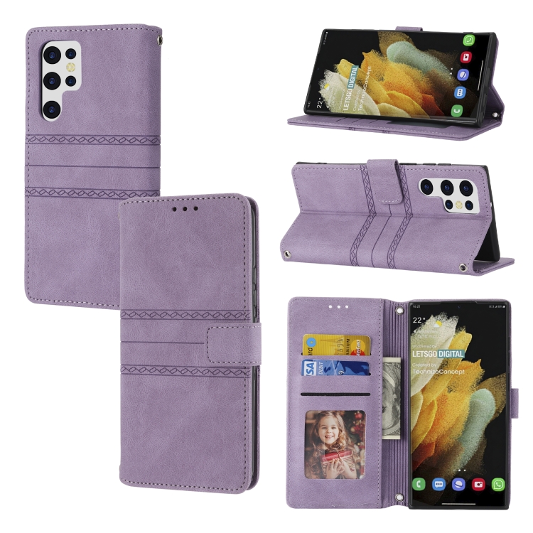 

For Samaung Galaxy S22 Ultra 5G Embossed Striped Magnetic Buckle Horizontal Flip Phone Leather Case(Purple)