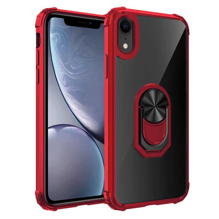 

For iPhone XR Shockproof Transparent TPU + Acrylic Protective Case with Ring Holder(Red)