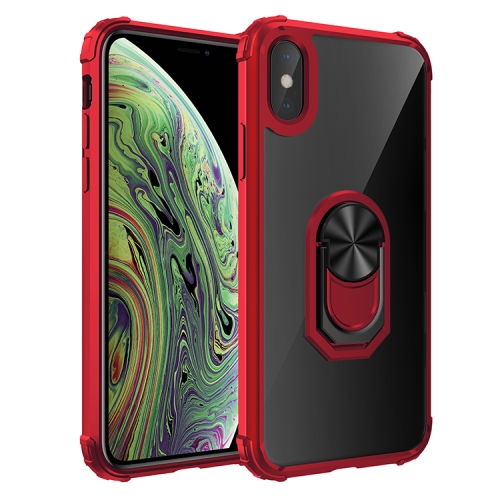 

For iPhone XS Max Shockproof Transparent TPU + Acrylic Protective Case with Ring Holder(Red)