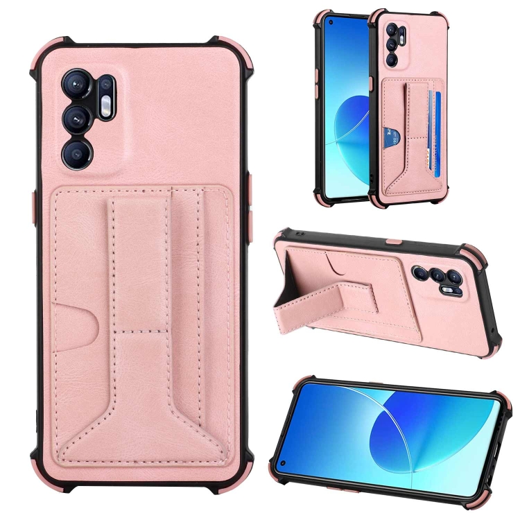 

For OPPO Reno6 4G Dream PU + TPU Four-corner Shockproof Phone Back Cover Case with Card Slots & Holder(Rose Gold)