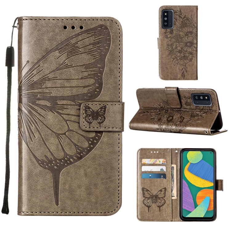 

For Samsung Galaxy F52 5G Embossed Butterfly Leather Phone Case with Holder & Card Slot & Wallet & Lanyard(Grey)