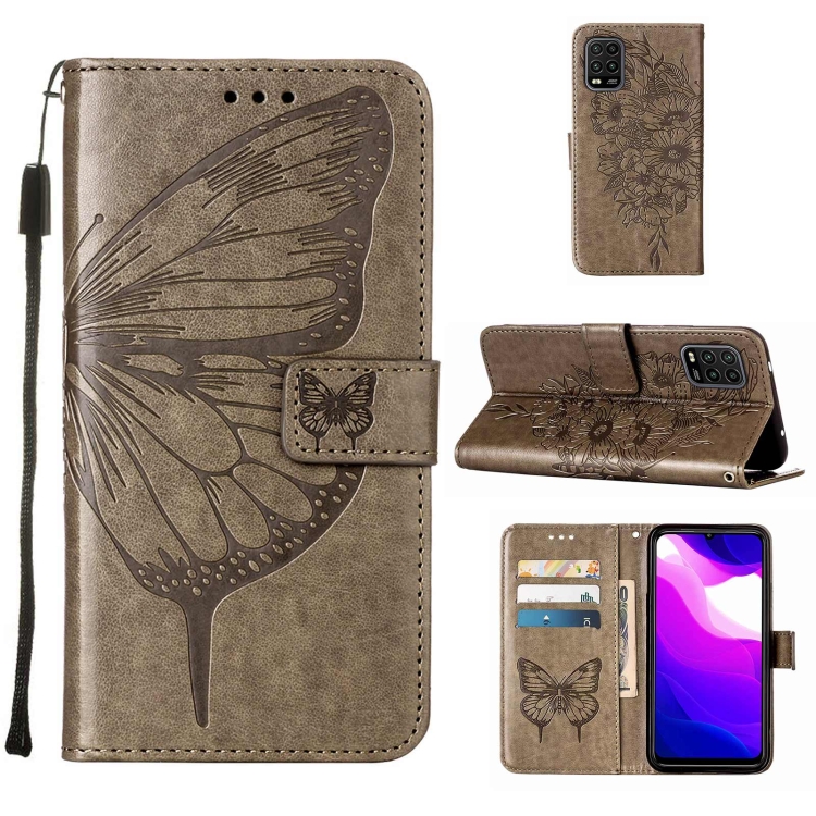

For Xiaomi Mi 10 5G / 10 Pro 5G Embossed Butterfly Leather Phone Case with Holder & Card Slot & Wallet & Lanyard(Grey)