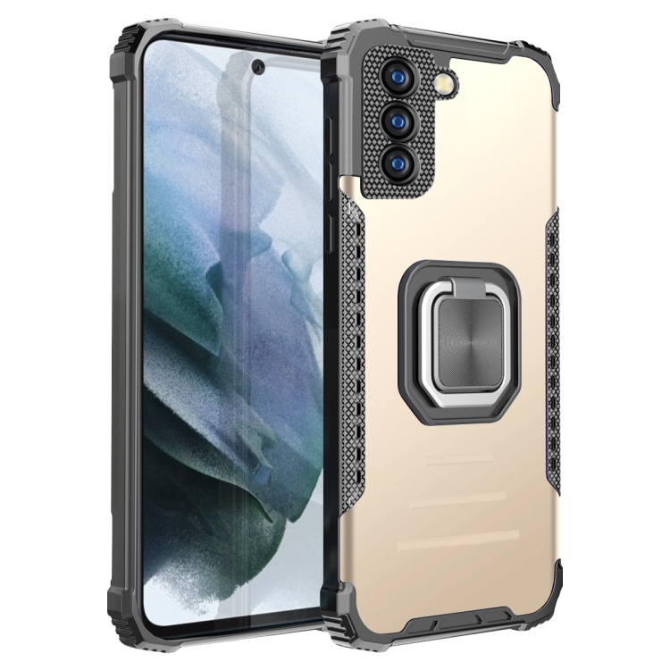 

For Samsung Galaxy S21 FE Fierce Warrior Series Armor Aluminum Alloy + TPU Phone Case with Ring Holder(Gold)
