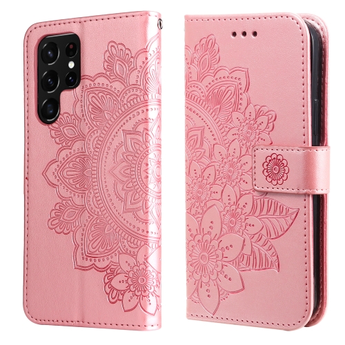 

Samsung Galaxy S22 UItra 5G 7-petal Flowers Embossed Flip Leather Phone Case with Holder & Card Slots(Rose Gold)