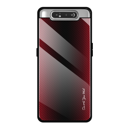 

For Galaxy A80 / A90 Texture Gradient Glass Protective Case(Red)