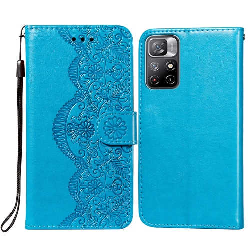 

For Xiaomi Redmi Note 11 Flower Vine Embossing Pattern Horizontal Flip Leather Phone Case with Card Slot & Holder & Wallet & Lanyard(Blue)