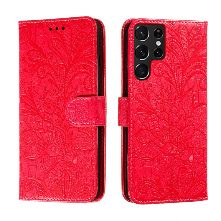 

For Samsung Galaxy S22 Ultra 5G Lace Flower Leather Phone Case with Holder & Card Slots & Wallet & Photo Frame(Red)