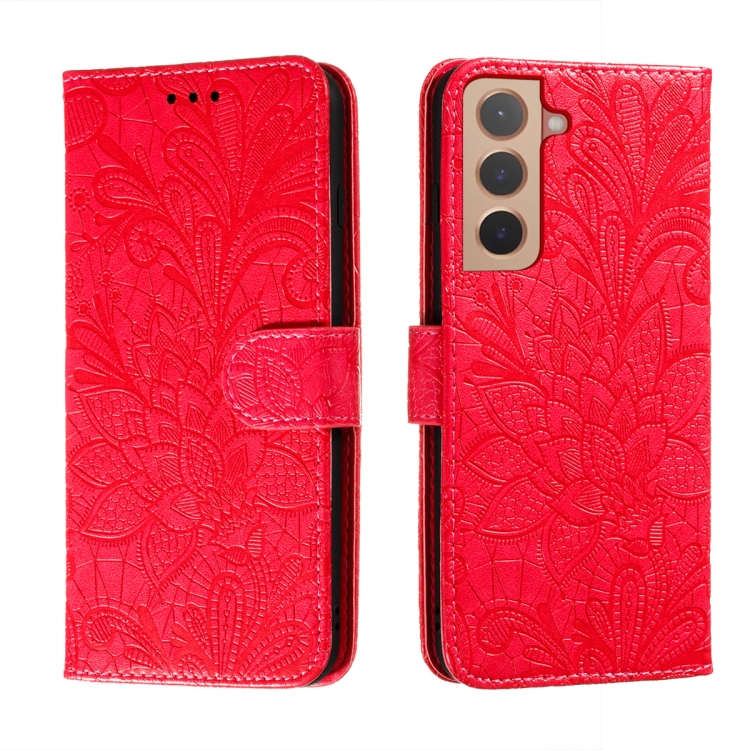 

For Samsung Galaxy S22+ 5G Lace Flower Leather Phone Case with Holder & Card Slots & Wallet & Photo Frame(Red)