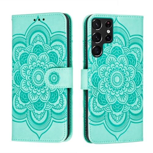 

For Samsung Galaxy S22 Ultra 5G Sun Mandala Embossing Pattern Phone Leather Case with Holder & Card Slots & Wallet & Lanyard(Green)