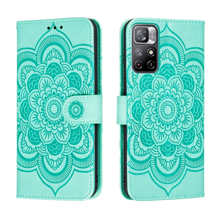 

For Xiaomi Redmi Note 11 Sun Mandala Embossing Pattern Phone Leather Case with Holder & Card Slots & Wallet & Lanyard(Green)