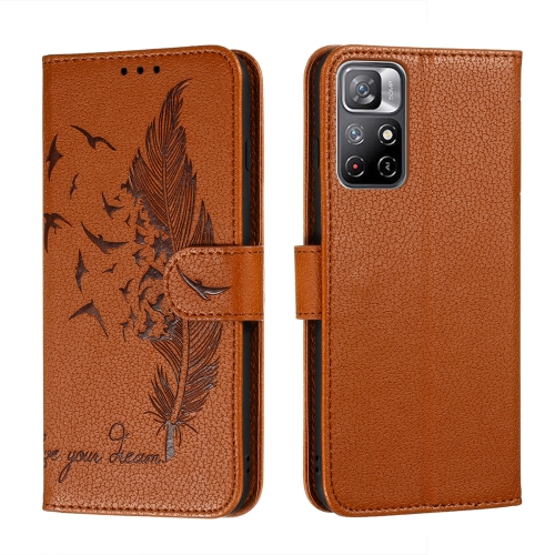 

For Xiaomi Redmi Note 11 Feather Pattern Litchi Texture Leather Phone Case with Holder & Card Slots & Wallet(Brown)