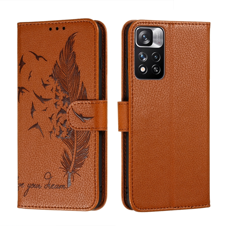 

For Xiaomi Redmi Note 11 Pro Feather Pattern Litchi Texture Leather Phone Case with Holder & Card Slots & Wallet(Brown)