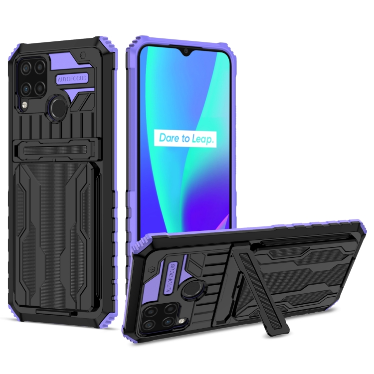 

For OPPO Realme C15 Armor Card PC + TPU Shockproof Phone Case with Card Slot & Invisible Holder(Purple)