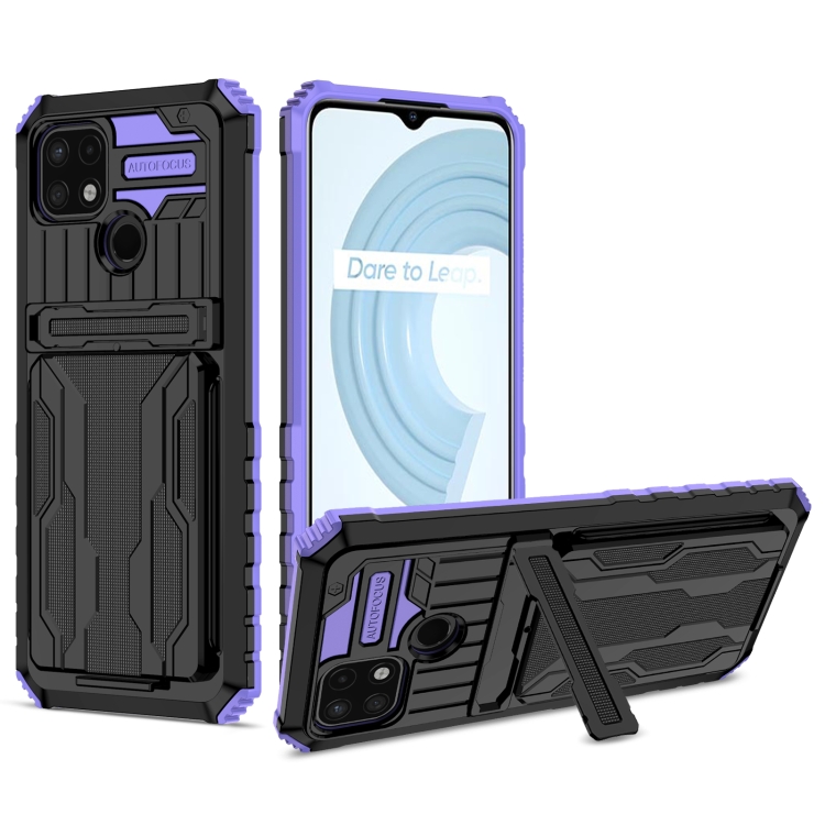 

For OPPO Realme C21 Armor Card PC + TPU Shockproof Phone Case with Card Slot & Invisible Holder(Purple)
