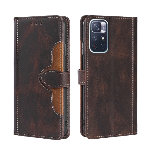 

For Xiaomi Redmi Note 11 Skin Feel Straw Hat Magnetic Buckle Horizontal Flip Leather Phone Case with Holder & Card Slots & Wallet(Brown)