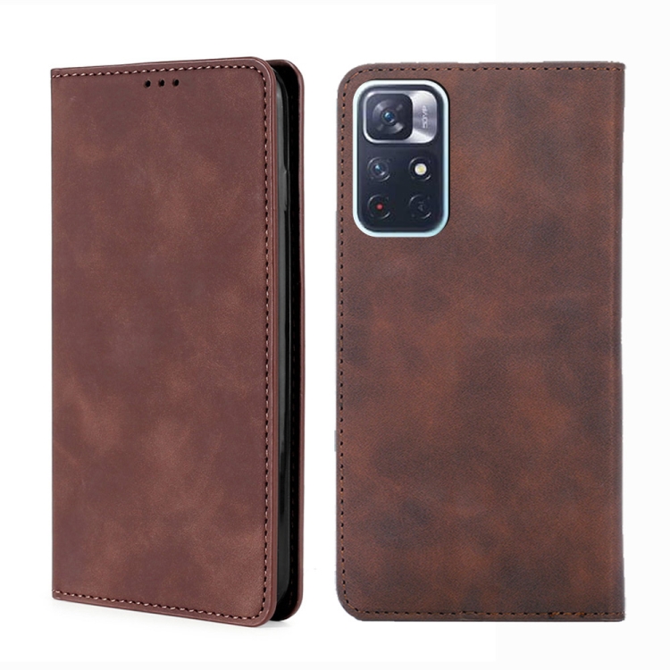 

For Xiaomi Redmi Note 11 Skin Feel Magnetic Horizontal Flip Leather Phone Case with Holder & Card Slots(Dark Brown)