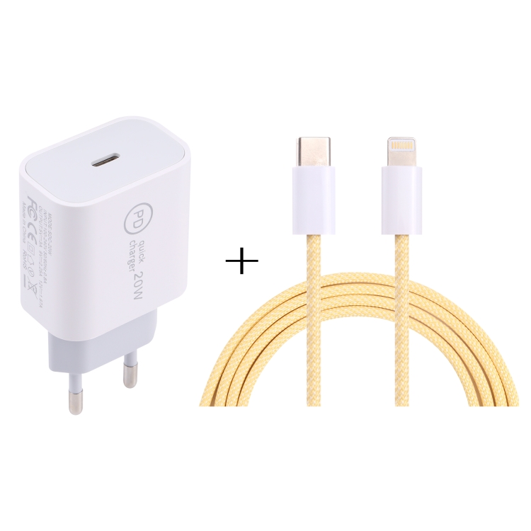 

SDC-20W PD USB-C / Type-C Travel Charger + 1m 12W USB-C / Type-C to 8 Pin Data Cable Set, EU Plug(Yellow)
