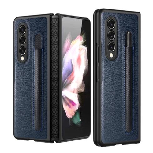 

For Samsung Galaxy Z Fold3 5G Litchi Texture Hinge Protection Folding Phone Case with Pen Cover(Blue)