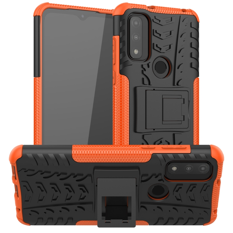 

For Motorola Moto G Pure Tire Texture Shockproof TPU+PC Phone Case with Holder(Orange)