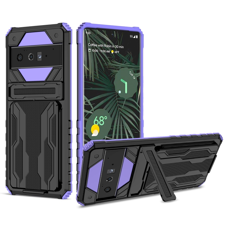 

For Google Pixel 6 Pro Armor Card PC + TPU Shockproof Phone Case with Card Slot & Invisible Holder(Purple)
