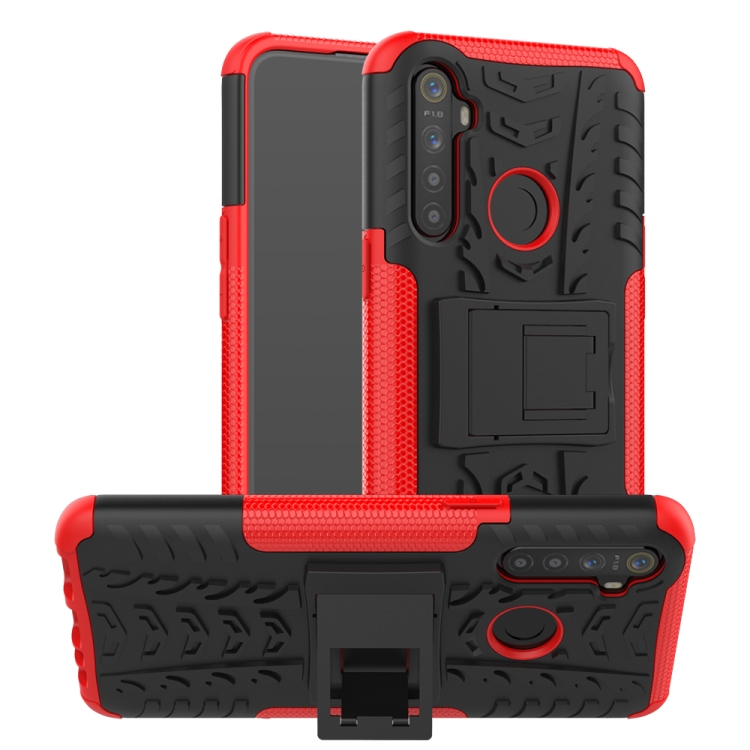

For OPPO Realme 5 Tire Texture Shockproof TPU+PC Protective Case with Holder(Red)