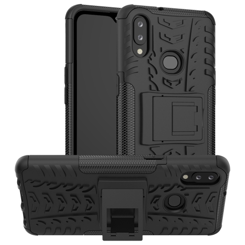 

For Galaxy A10s Tire Texture Shockproof TPU+PC Protective Case with Holder(Black)