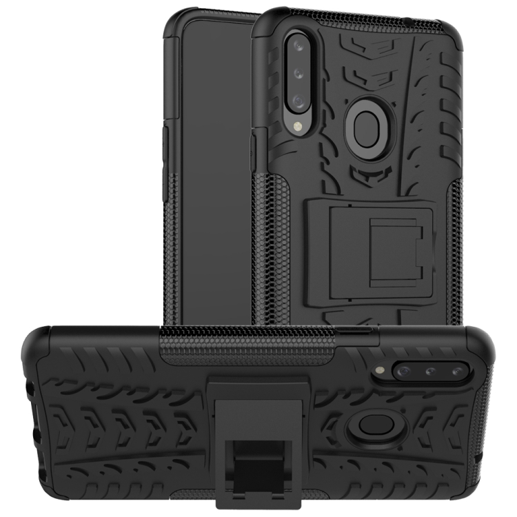

For Galaxy A20s Tire Texture Shockproof TPU+PC Protective Case with Holder(Black)
