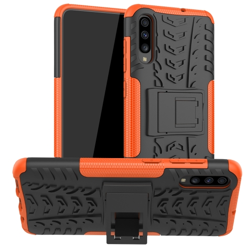 

For Galaxy A70s Tire Texture Shockproof TPU+PC Protective Case with Holder(Orange)