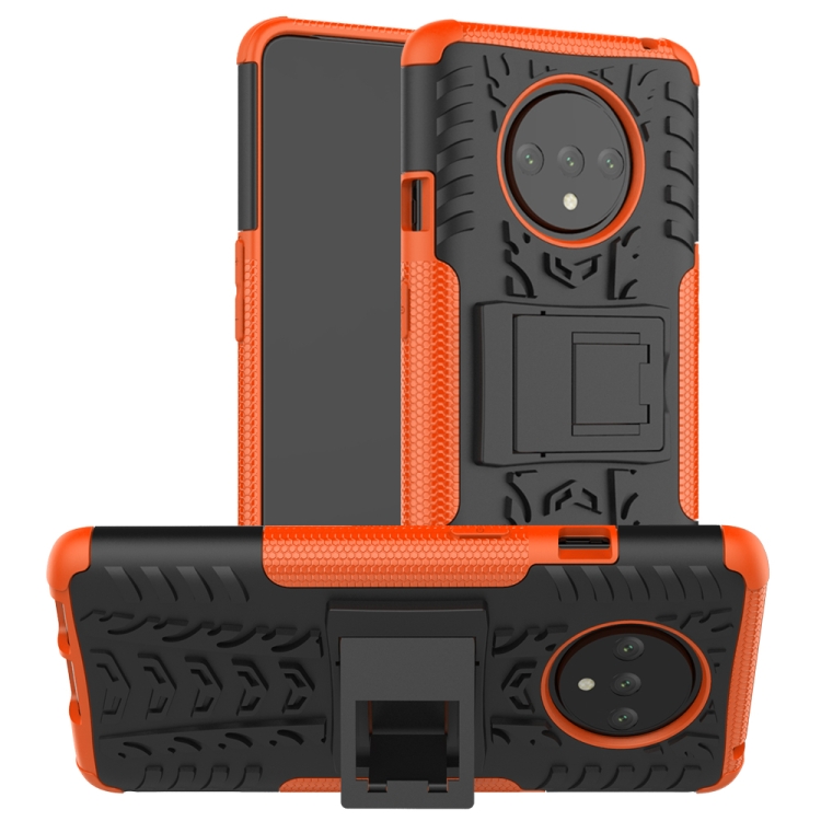 

For OnePlus 7T Tire Texture Shockproof TPU+PC Protective Case with Holder(Orange)