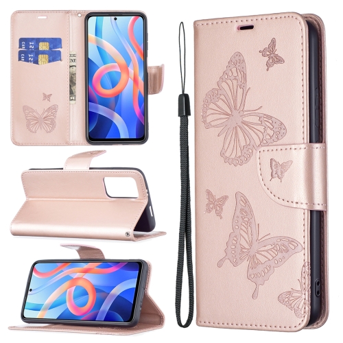 

For Xiaomi Redmi Note 11 Two Butterflies Embossing Pattern Horizontal Flip Leather Phone Case with Holder & Card Slot & Wallet & Lanyard(Rose Gold)