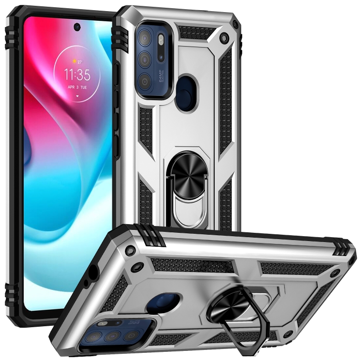

For Motorola Moto G60s Shockproof TPU + PC Phone Case with 360 Degree Rotating Holder(Silver)