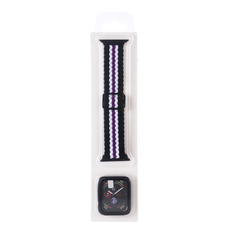 

Adjustable Striped Woven Nylon Watchband + Watch Case Set For Apple Watch Series 7 41mm/6&SE&5&4 40mm/3&2&1 38mm(Black White Purple)