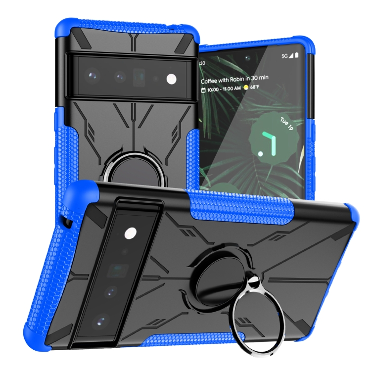 

For Google Pixel 6 Pro Armor Bear Shockproof PC + TPU Phone Case with Ring Holder(Blue)