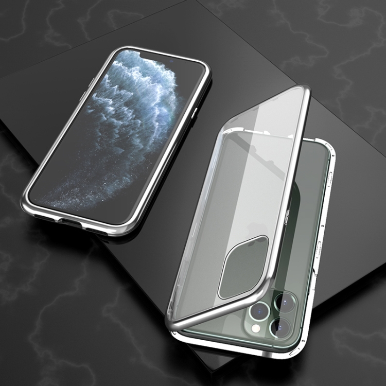 

For iPhone 11 Pro Ultra Slim Single Sides Magnetic Adsorption Angular Frame Tempered Glass Magnet Flip Case(Silver)