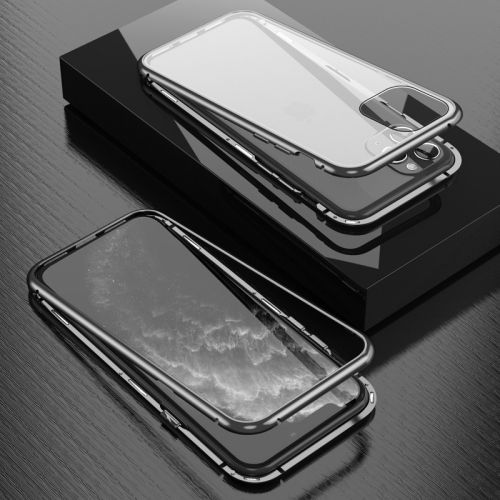 

For iPhone 11 Pro Max Ultra Slim Single Sides Magnetic Adsorption Angular Frame Tempered Glass Magnet Flip Case(Black)