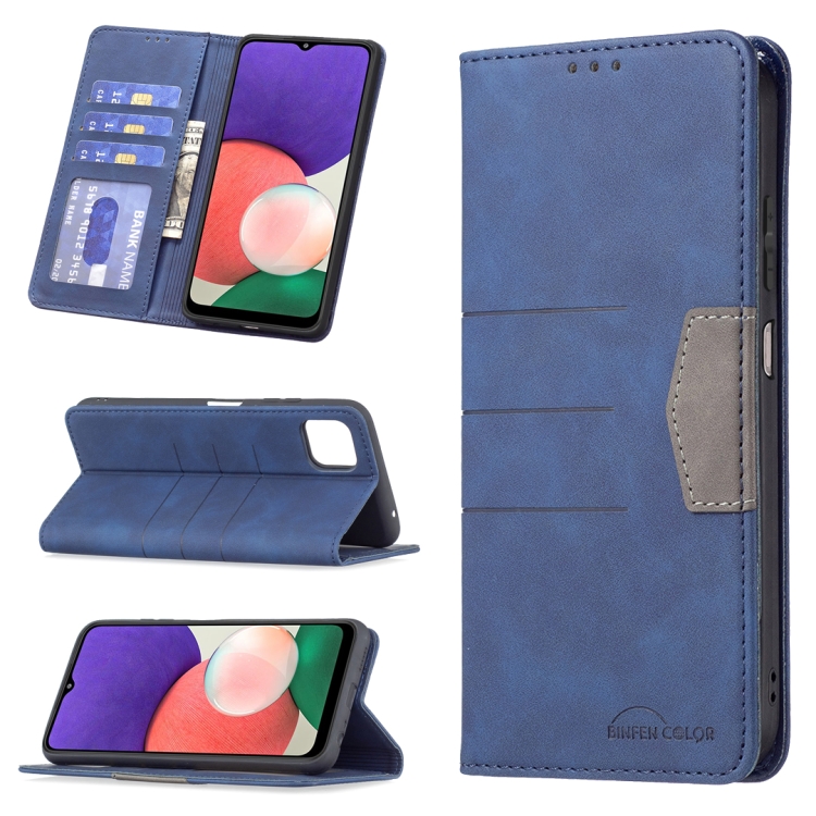 

For Samsung Galaxy A22 5G Magnetic Splicing Leather Phone Case(Blue)