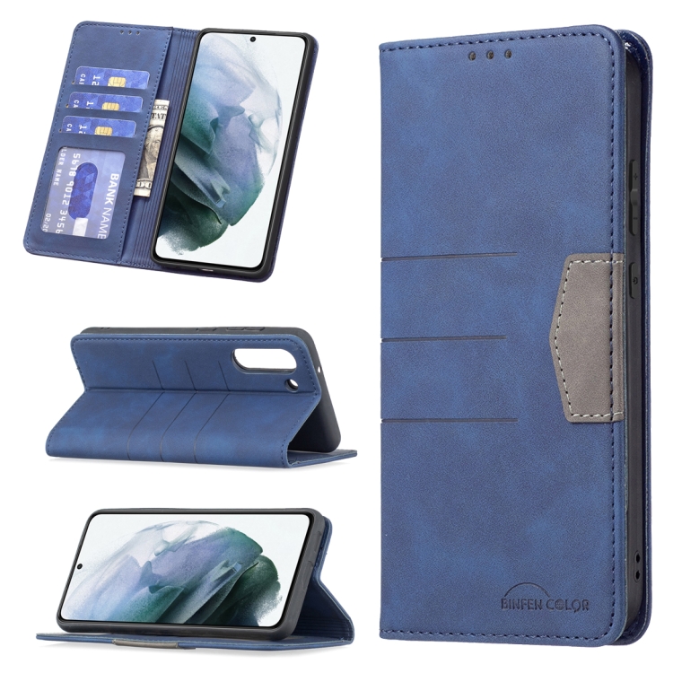 

For Samsung Galaxy S21 FE 5G Magnetic Splicing Leather Phone Case(Blue)