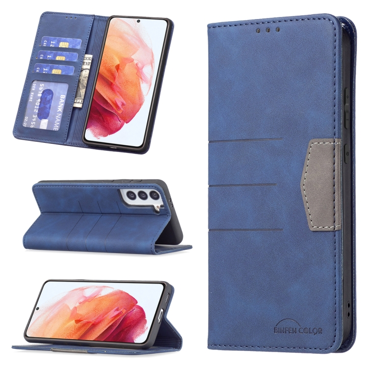 

For Samsung Galaxy S21 5G Magnetic Splicing Leather Phone Case(Blue)
