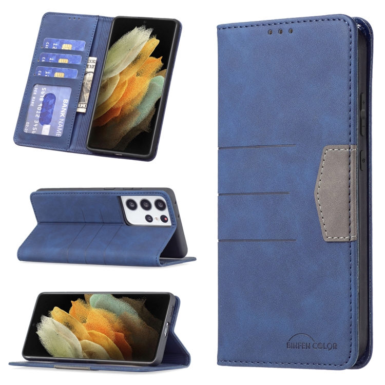 

For Samsung Galaxy S21 Ultra 5G Magnetic Splicing Leather Phone Case(Blue)