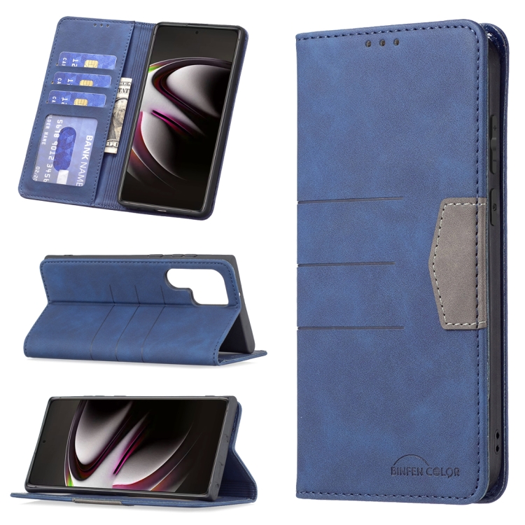 

For Samsung Galaxy S22 Ultra 5G Magnetic Splicing Leather Phone Case(Blue)