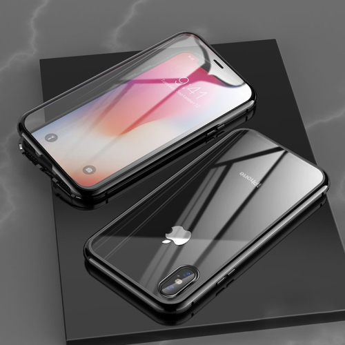 

For iPhone X / XS Ultra Slim Double Sides Magnetic Adsorption Angular Frame Tempered Glass Magnet Flip Case(Black)