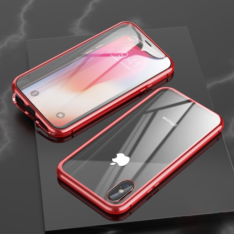 

For iPhone XR Ultra Slim Double Sides Magnetic Adsorption Angular Frame Tempered Glass Magnet Flip Case(Red)