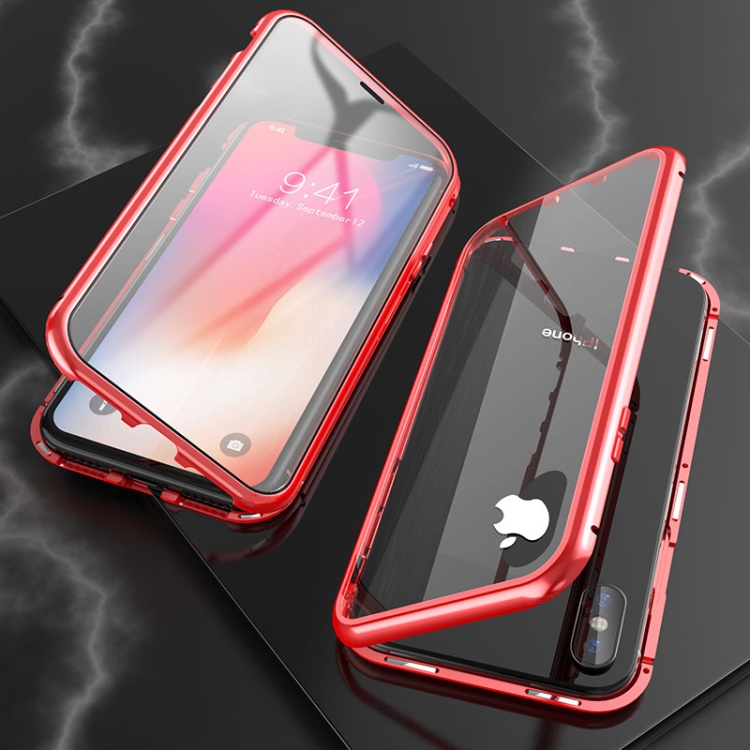 

For iPhone XS Max Ultra Slim Double Sides Magnetic Adsorption Angular Frame Tempered Glass Magnet Flip Case(Red)