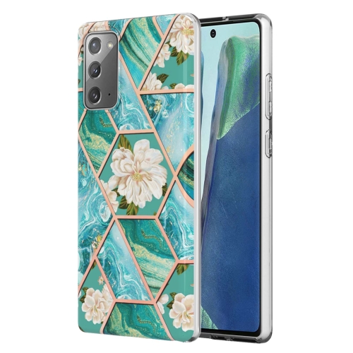 

For Samsung Galaxy Note20 Electroplating Splicing Marble Flower TPU Phone Case(Blue Flower)