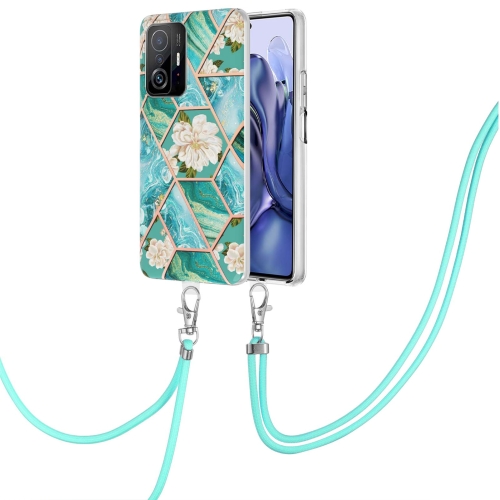 

For Xiaomi Mi 11T / Mi 11T Pro Electroplating Splicing Marble Flower TPU Phone Case with Lanyard(Blue Flower)